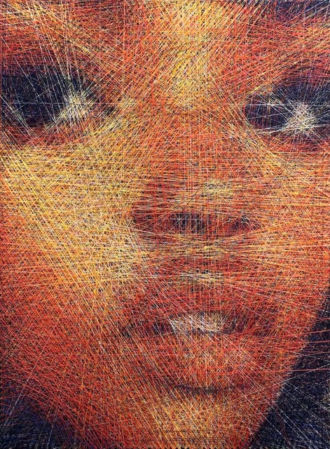 This image features an artistic depiction titled "beryl," which is a striking piece created using cotton thread, steel nails, and a board. The artwork captures a close-up view of a female face, rendered in vivid shades of orange and yellow, with the fine details of the facial features constructed from the interwoven threads.